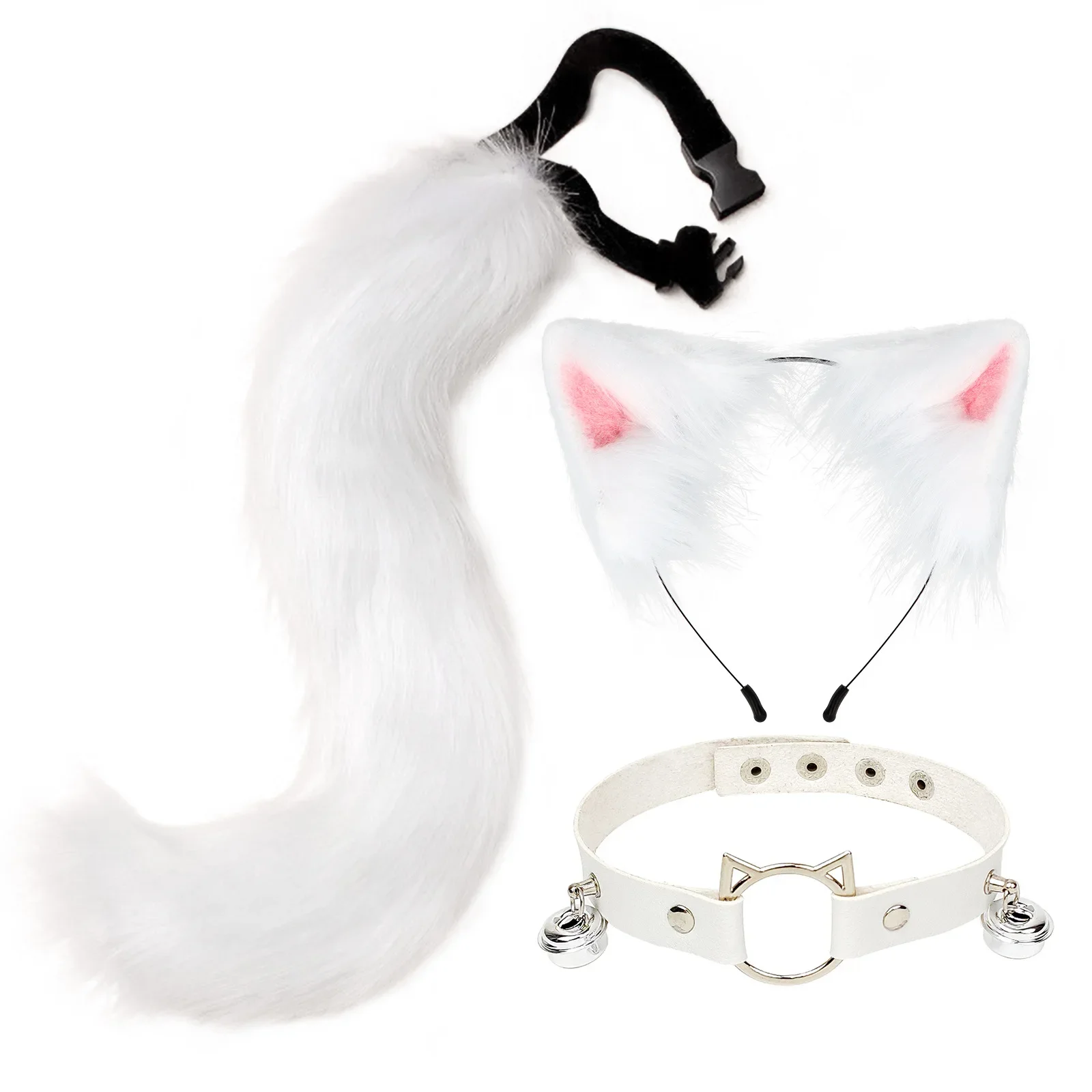 Handmade Furry Cat Kawaii Ears and Tail Set Wolf Fox Hair Clip Faux Fur Leather Neck Choker Halloween Party Cosplay Set Gift Bag smile