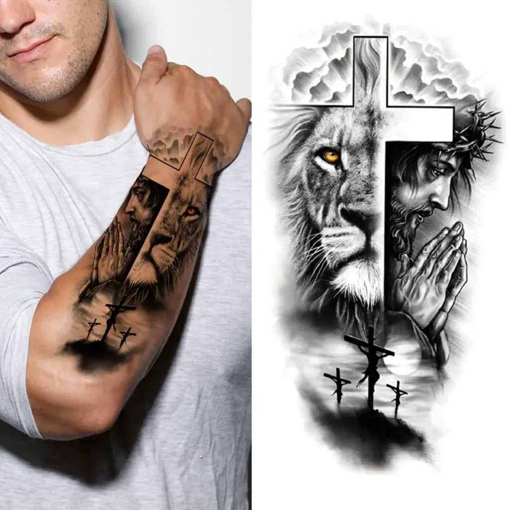 Gods Cross Lion Temporary Tattoo Female True Compass Lion Fake Tattoo Forearm Jesus Christ Thick Tattoo Sticker W250410