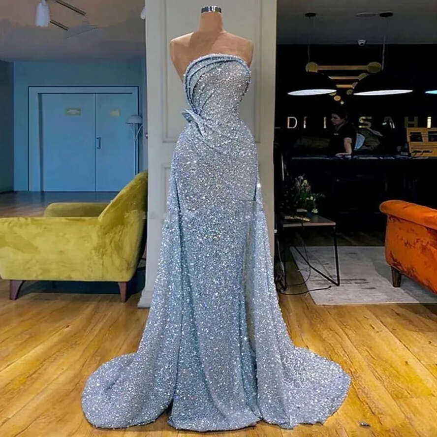 Cheap Sequins Lace Evening Dresses Wear Strapless Sleeveless Crystal Beads Mermaid Ruched Party Dress Sequined Formal Prom Gowns