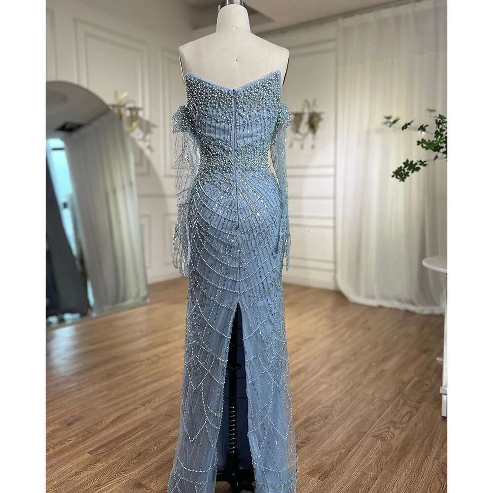 Hill Arabic Serene Blue Elegant Mermaid Strapless Beaded Party Dresses Gowns Formal Evening LA A Customized