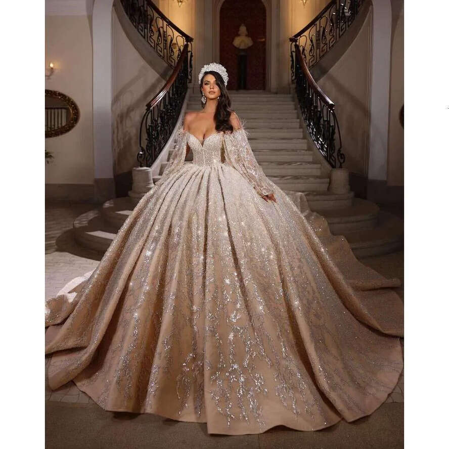Wedding Princess Dresses Beading Illusion Sleeve Sweatheart Dress Fluffy Bride Gown 6660311