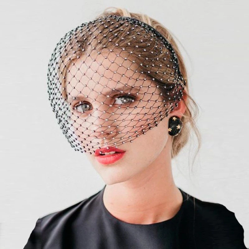 Veils Hair Headband Black Accessories Wedding for Bridal Crystal Beaded Birdcage White Face Net Mask Veil Charming Fascinator smile