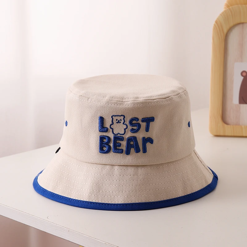 Reversible Bucket Hat Baby Cute Bear Embroidered Children Boys Girls Fisherman Cap Spring Summer Outdoor Kids Beach Sun Hats smile