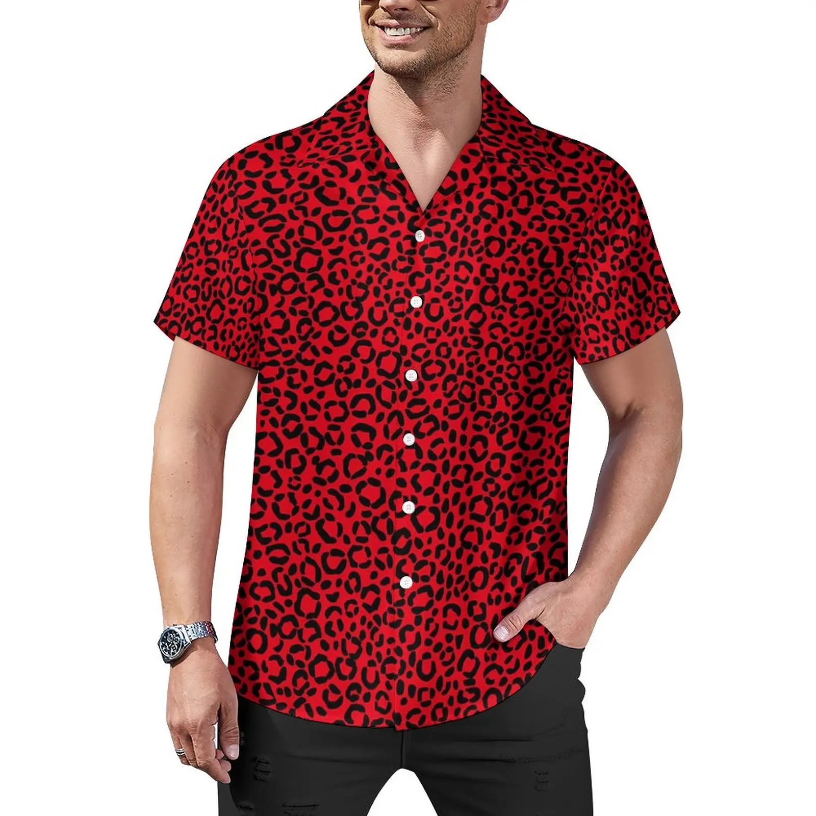 Sexy Red Leopard Hawaiian Spots Men's Shirts For Man Clothing ddmysmile Casual Vintage Y2k Summer Beach Street Style Plus Size Blouse Smile