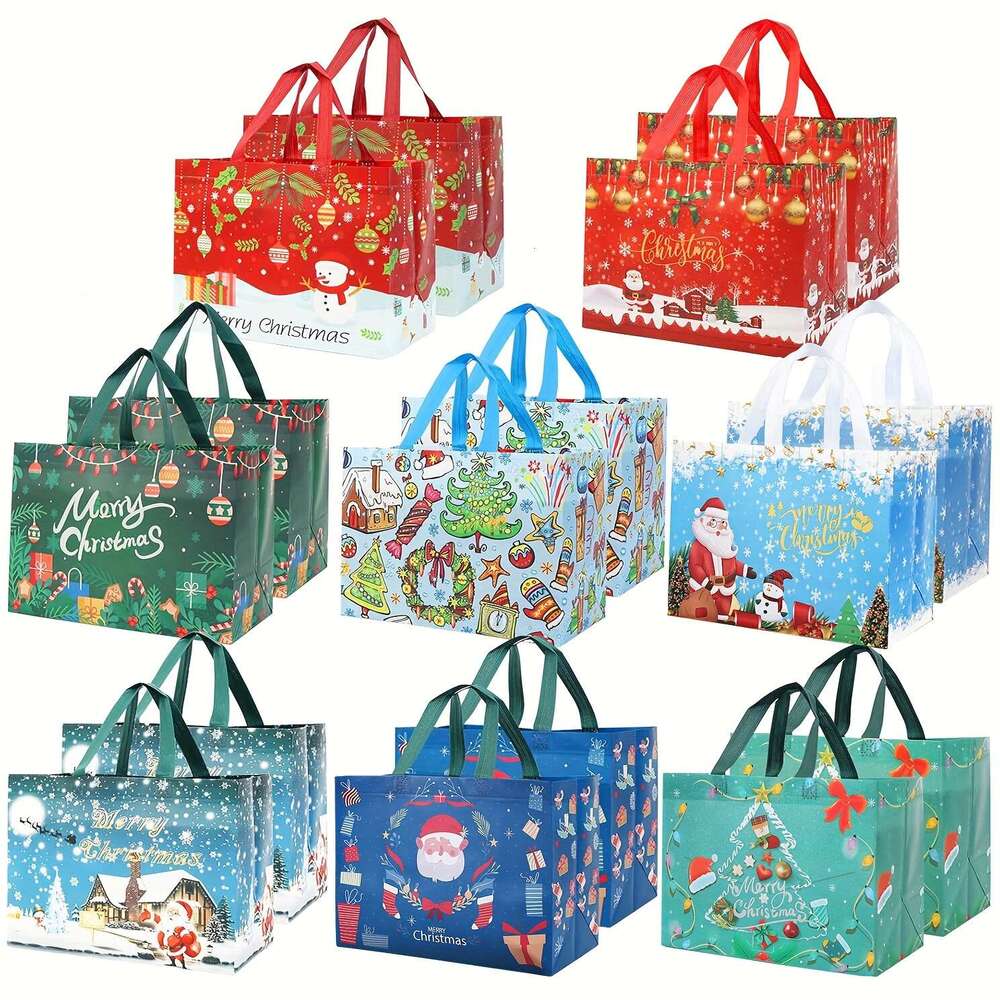 Christmas 8pcs Christmas Gift with Handles Durable Non-Woven Tote Bags Holiday Presents, Reusable Stain-Resistant, Perfect for Gifts, Candy, Party Fav