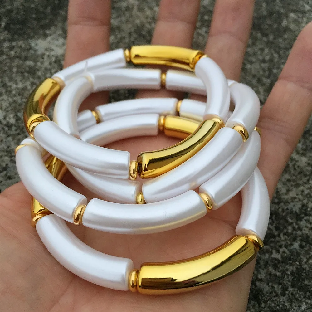Gold Fishsheep Color Vintage ddmysmile Bamboo Stretchy Bracelets For Women Elastic Resin Tube Beads Cuff Bracelet Bangle Female Jewelry Smile
