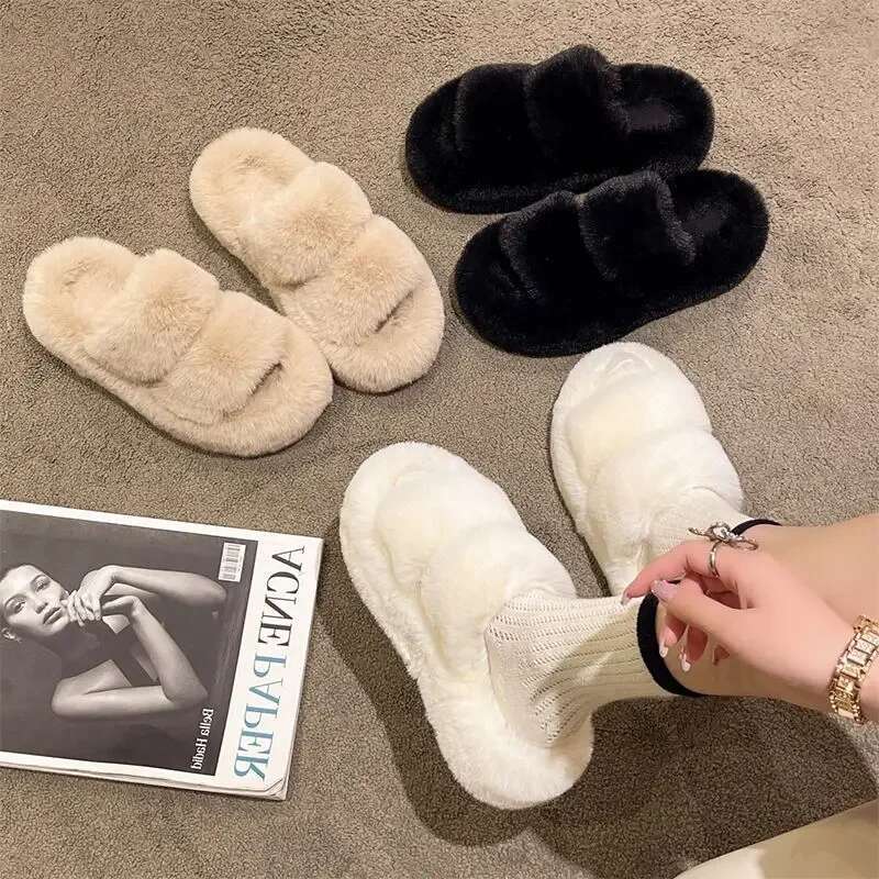 Winter Fluffy 2025 New House Home Fur Slippers For Women Flat Platform Cozy Fuzzy Indoor Shoes Korean Slides