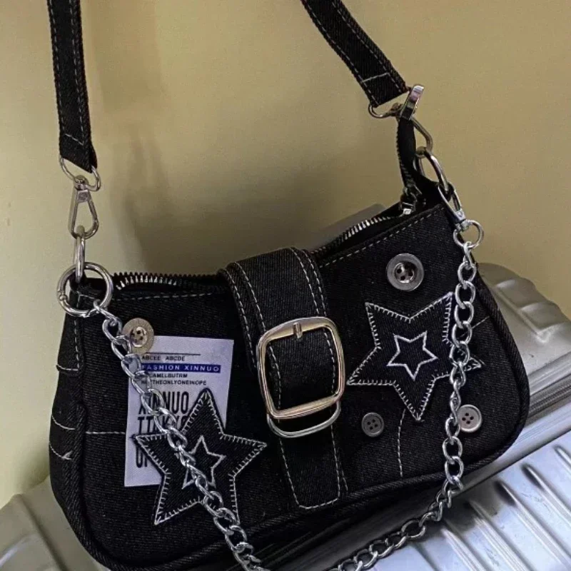 Y2k Fashion Women's Handbags Stars Pattern Cool Girls Underarm Bag Fashion Canvas Female Small Shoulder Bags Chain Tote Purses