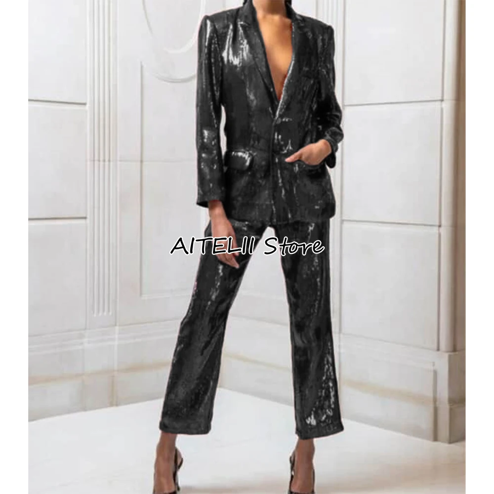For 2 Piece Dresses Prom Blazer Pant Set Women Suit Retro Elegant Short Sets Shiny Sequins Lapel Jacket Women's ddmysmile Pantsuit Smile 'S