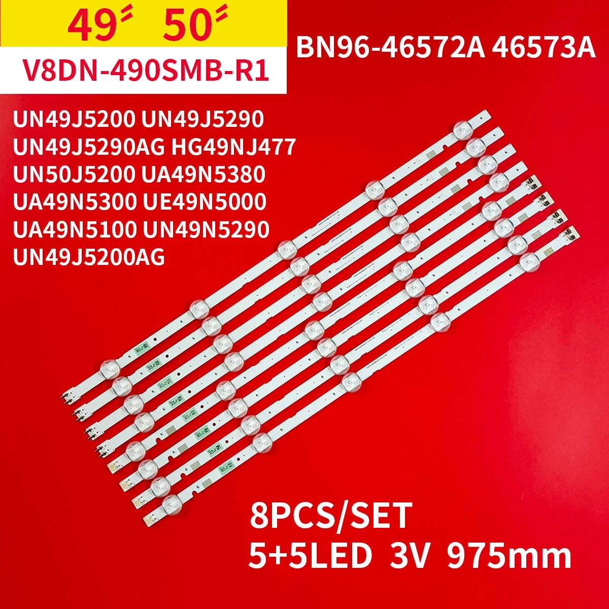 Strips 8Pcs/Set Led Backlight for Samsung 49" 50" TV UN49J5200 UN49J5290 UN49J5290AG HG49NJ477 UN50J5200 UA49N5380 UA49N5300 smile 49" 