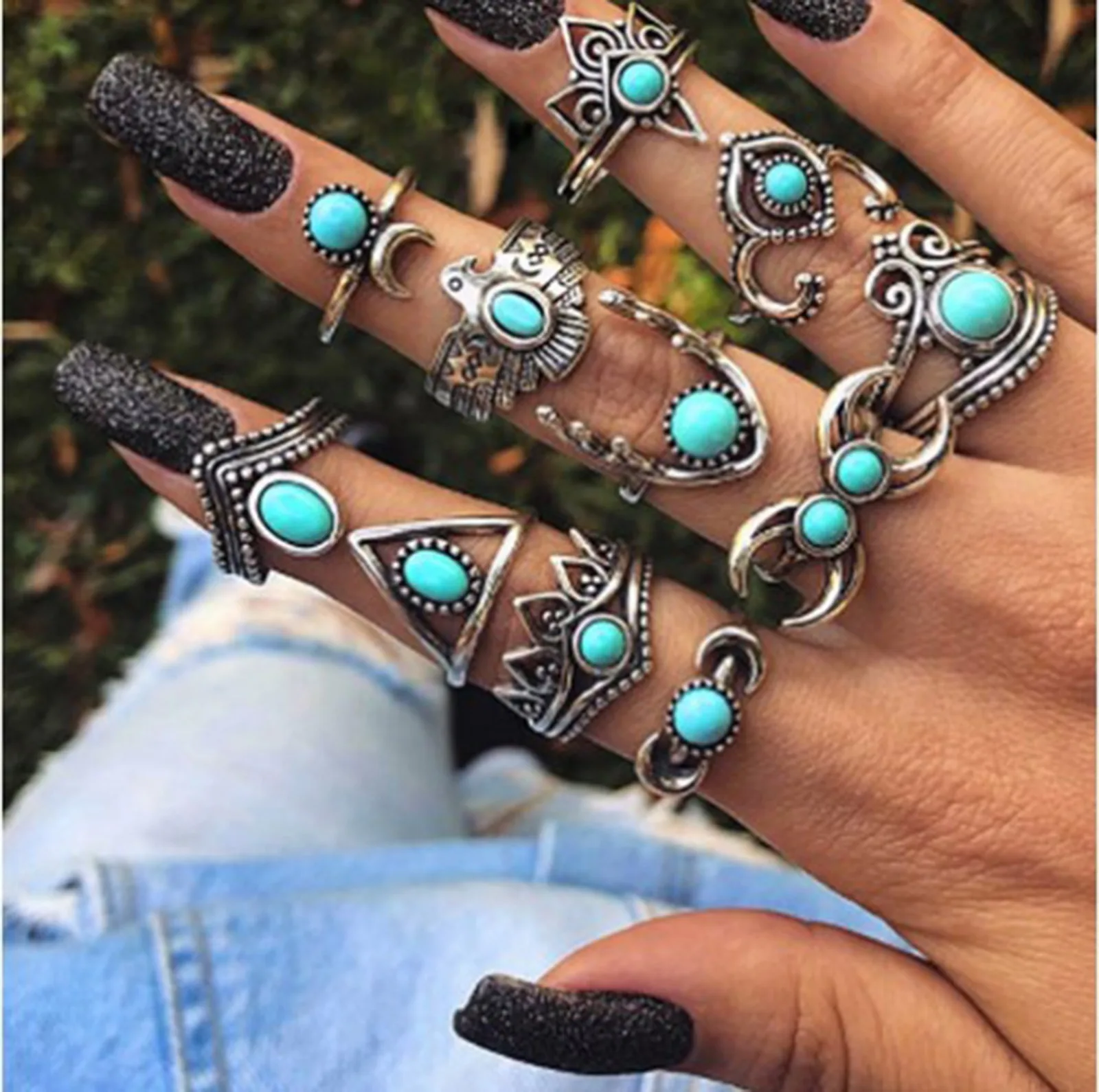 Stone Vintage Boho Blue Turquoise Rings For Women Wholesale Mix Styles Ethnic Finger Ring Set Jewelry Party Gifts smile