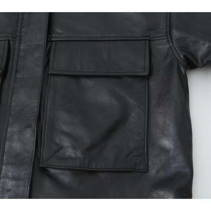 shanshi leather jacket women Autumn New Women's Fashion Round Neck Leather Pocket Jacket Coat