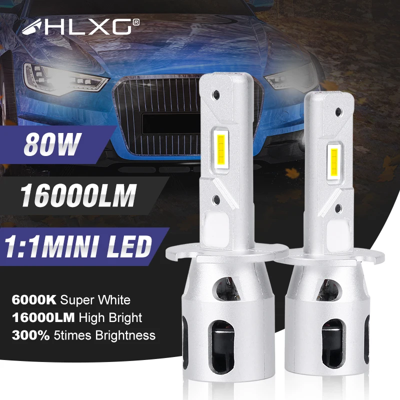 super H1 HLXG Mini LED Lights Fog light 80W 16000Lm Head Lamps 3580 CSP Car LED Headlight H1 Bulbs with Fan 1:1 6000K White 12V smile