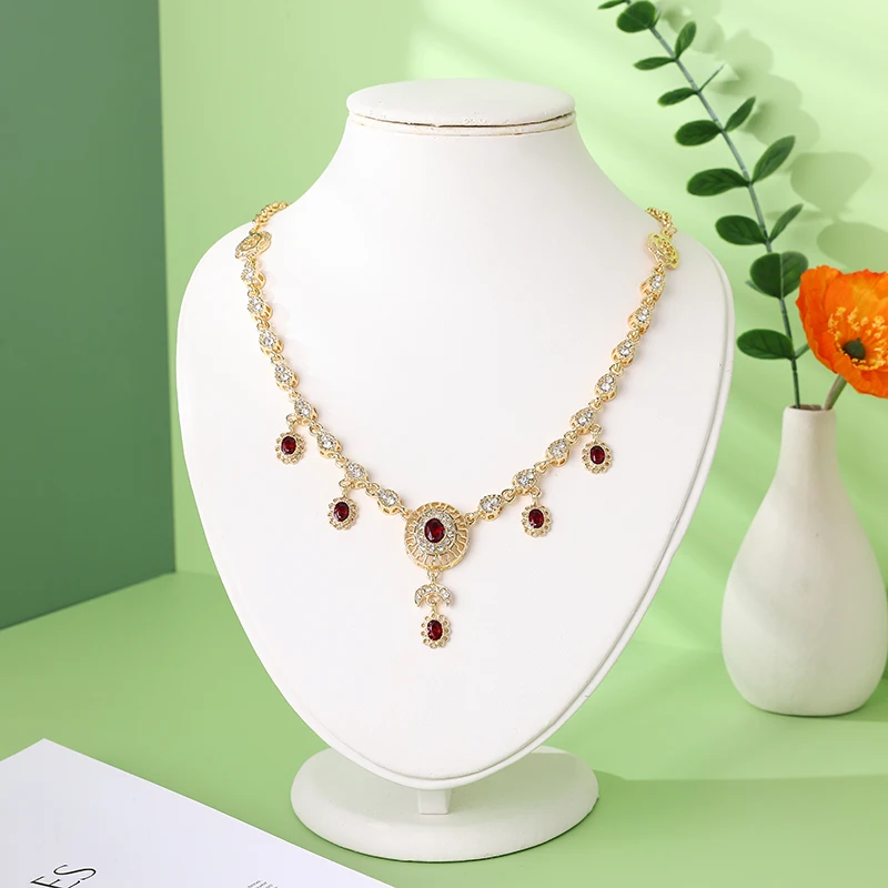 Eardrop Gold Color Necklace Arab Wedding Caftan Accessories Gift Moroccan Bride Crystal Hair Earrings Jewelry Set Round Design smile