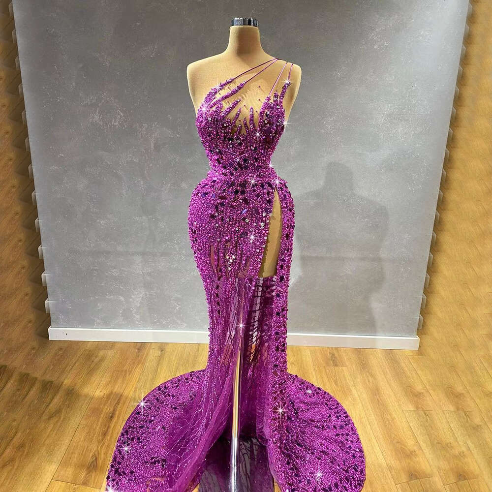 Purple Serene Hill One Shoulder High Split Beaded Evening Dresses Gowns For Formal Ocn LA Customized Mal