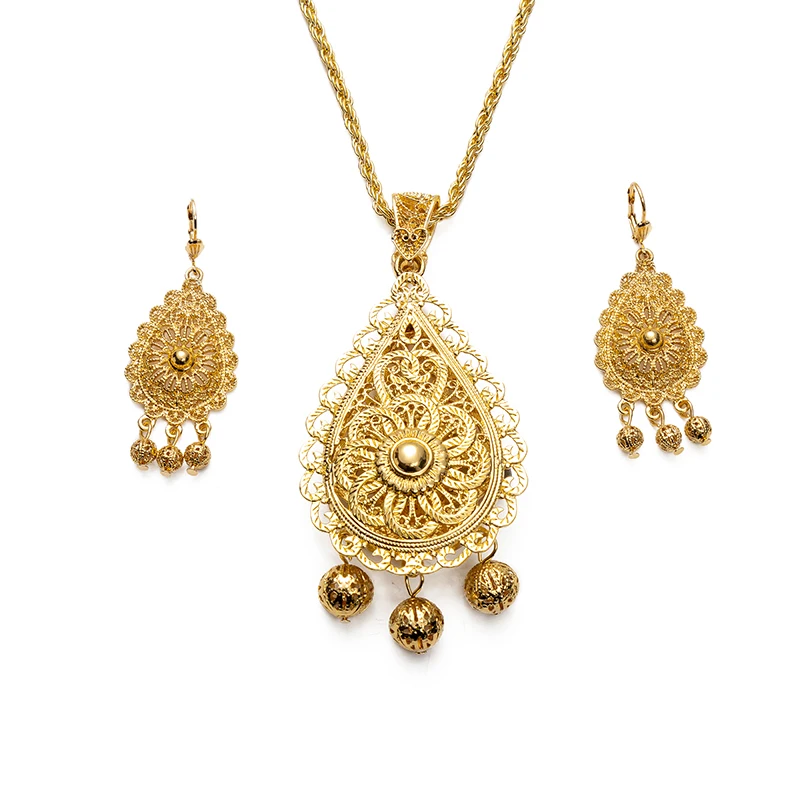 Hollow Algerian Flower Women's Design Metal Earrings Necklace Jewelry Set Arab ddmysmile Women's Wedding Smile