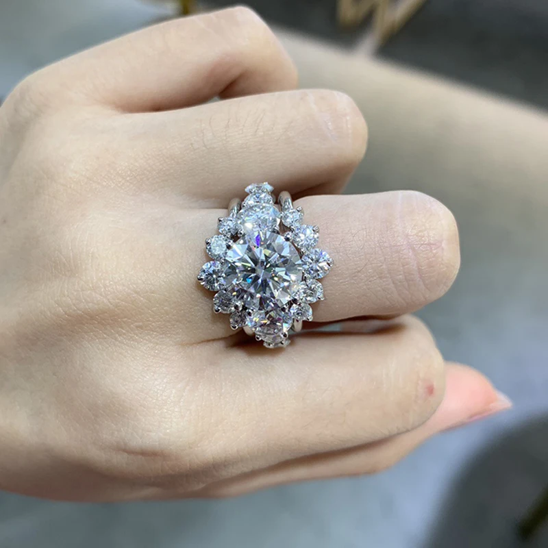 Smyoue 9.8CTTW Certified Full Moissanite Engagement Ring for Women Sparkling Simulated Dia Jewelry S Sterling Sier GRA smile