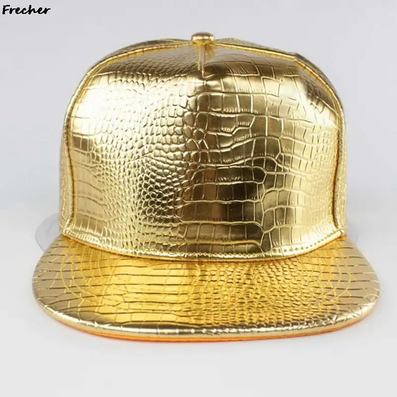 Leather Hip Hop Bright Hats Women Men Rock Baseball Cap Spring Winter Sun Hat Crocodile Pattern Trucker Hat Gold Snapback Gorras smile