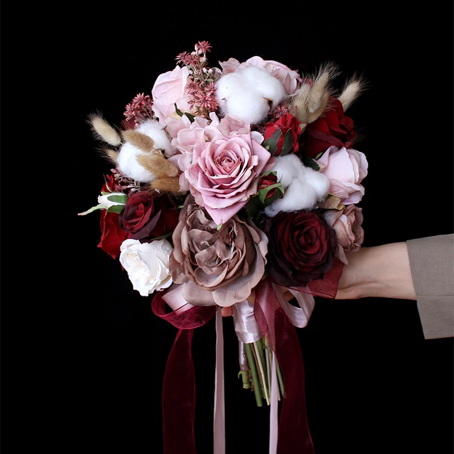 Wine Janevini Red Vintage Wedding Bouquet Artificielle Mariage Artificial Bury ddmysmile Pink Rose Bride Flowers Bridal Bouquet 2023 Smile