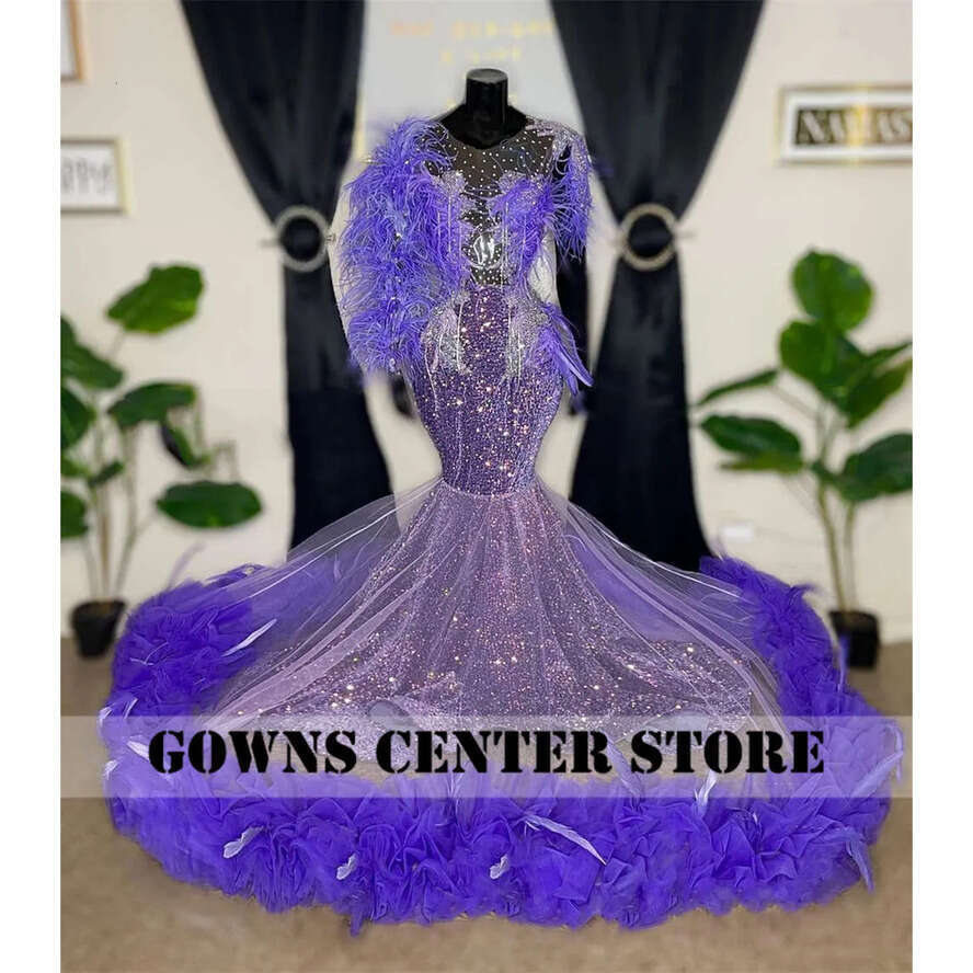 Purple Feathers Long Sleeve Sequin Evening For Black Girls 2024 Sliver Tassels Mermaid Formal Ocn Dresses