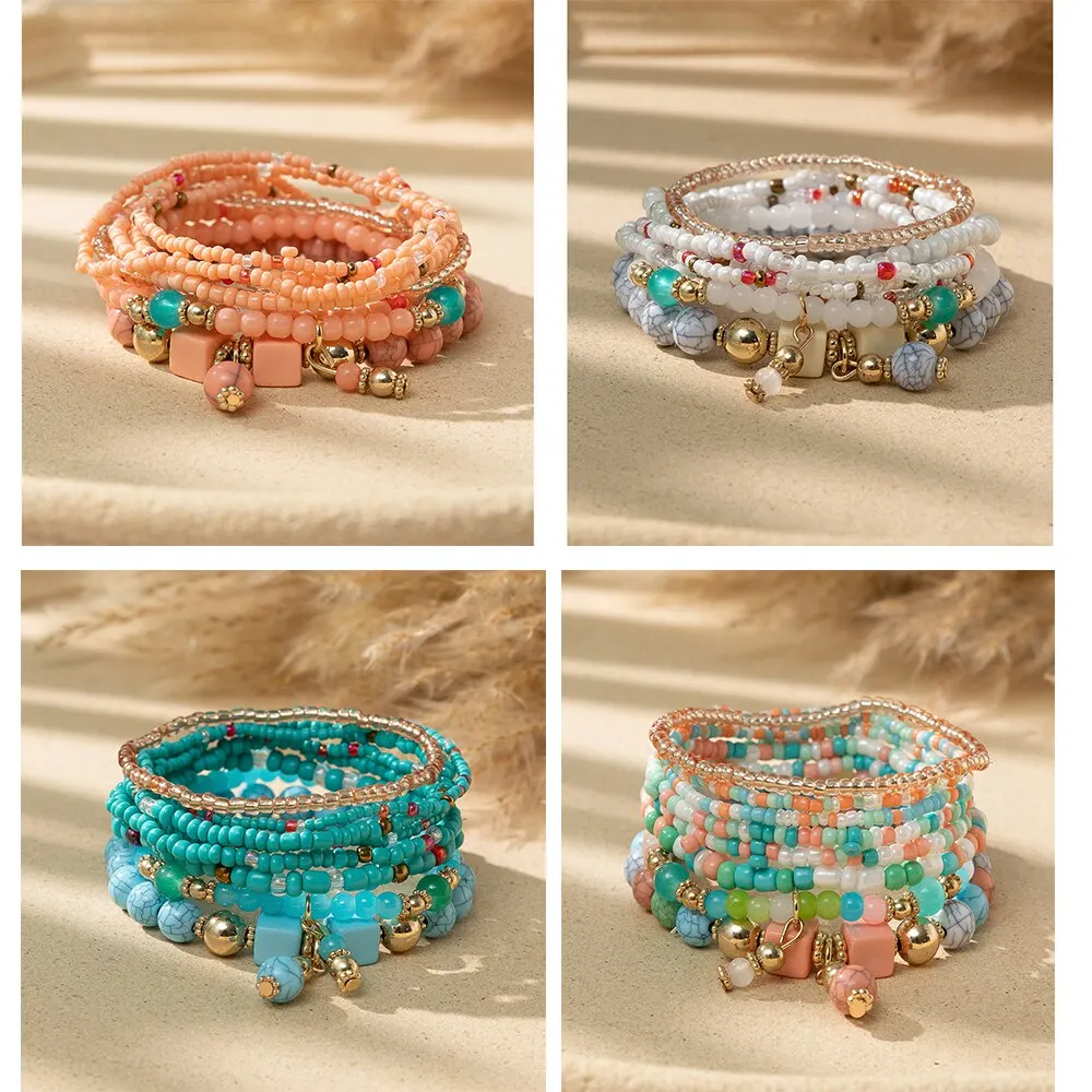 Colorful Bohemian Beads Dopamine Bracelet Set For Women Lady Handmade Elastic Multilayer Bangle Jewelry New Accessories smile