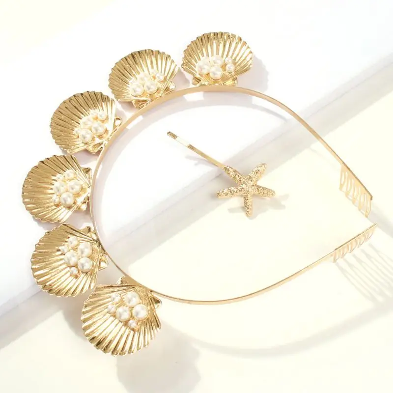 Style Golden for Marine shell Tiara Crown with Comb Faux Pearl Beaded Wedding Br Drop Shipping smile