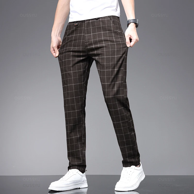 High-Quality Summer Spring Classics Plaid Work Stretch Pants Men Business Fashion Grey Green Party Retro Casual Trousers Male smile
