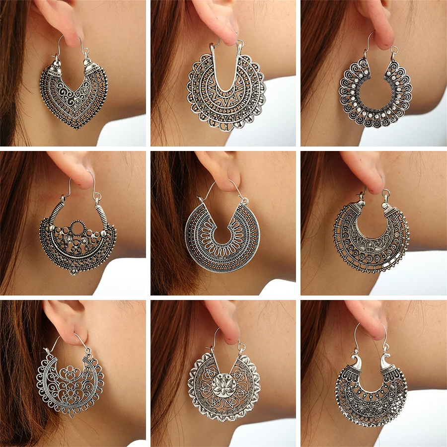 Earring Ethnic HuaTang Vintage Geometric Antique Sier Color Gold Hollow Flower Drop Earring Piercing Earring Statement Jewelry smile