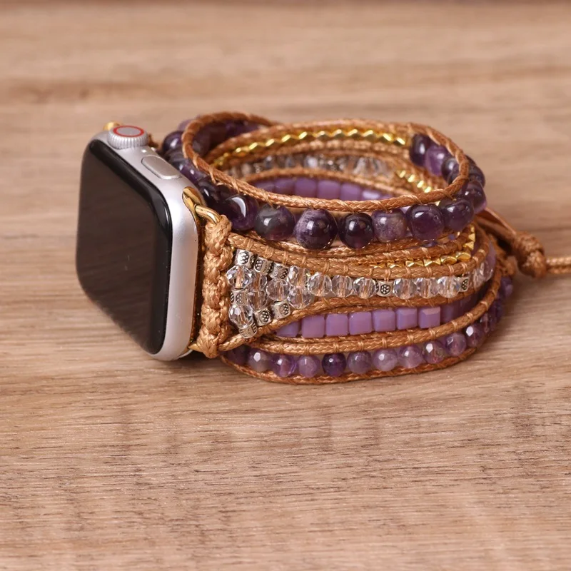 Band Watch Bohemia Smart Natural Stone Leather Wrap Bracelet for Women Men 7Chakra Handmade Woven for iwatch Band Charm Jewelry smile