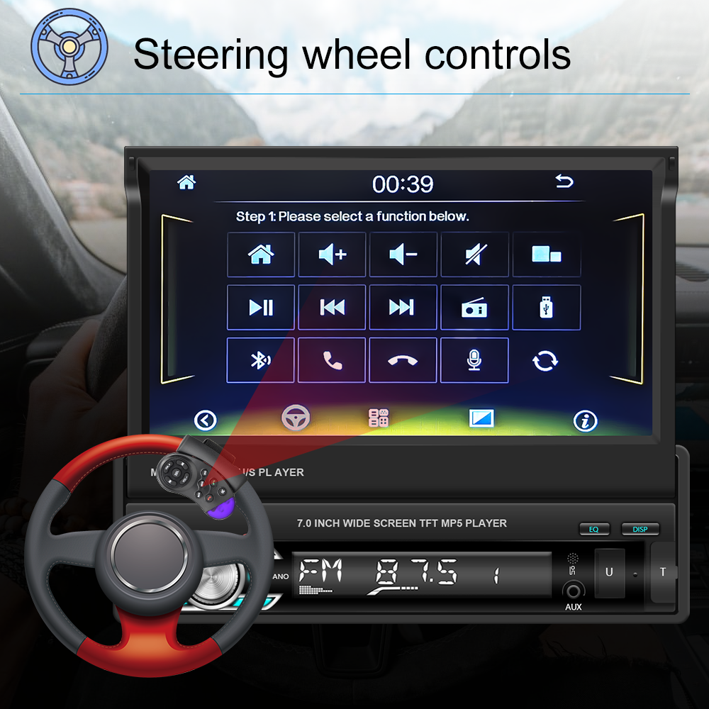 Podofo CarPlay Android Auto 1din Car Radio new Universally 7" 2025 Retractable Multimedia MP5 Player 1 DIN Head Unit Stereo Receiver BT