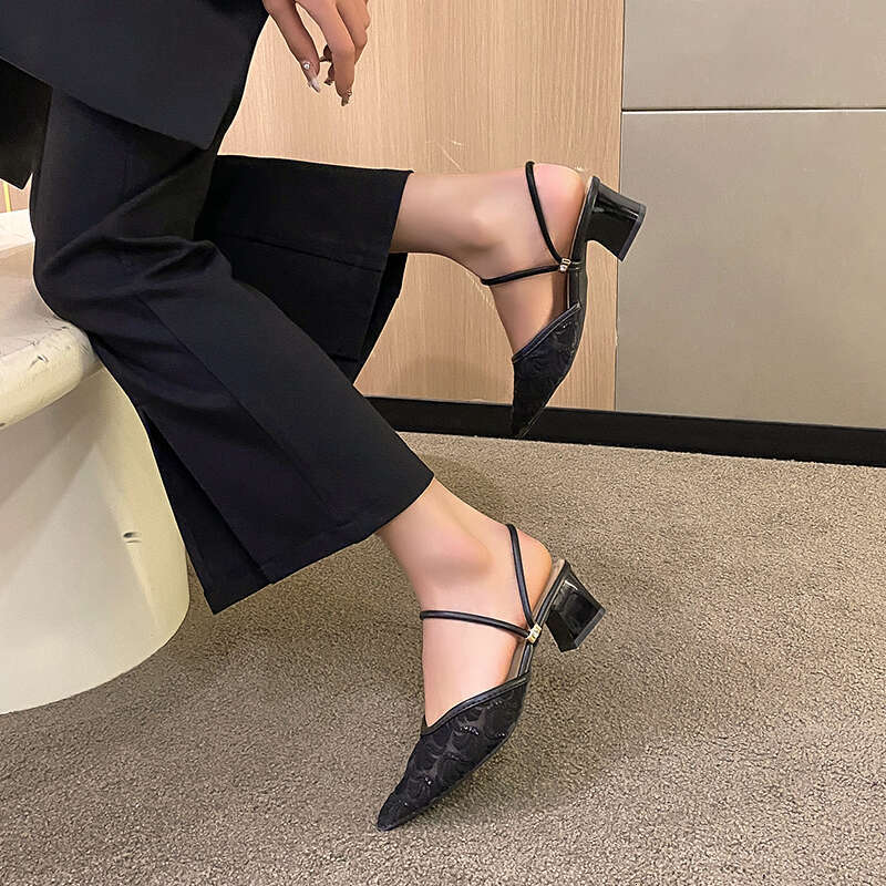 Pointed Toe Women's High Heels Mules Slippers Hollow New 2025 Summer Print Designer Sexy Thick Sole Women's Sandals Zapatos
