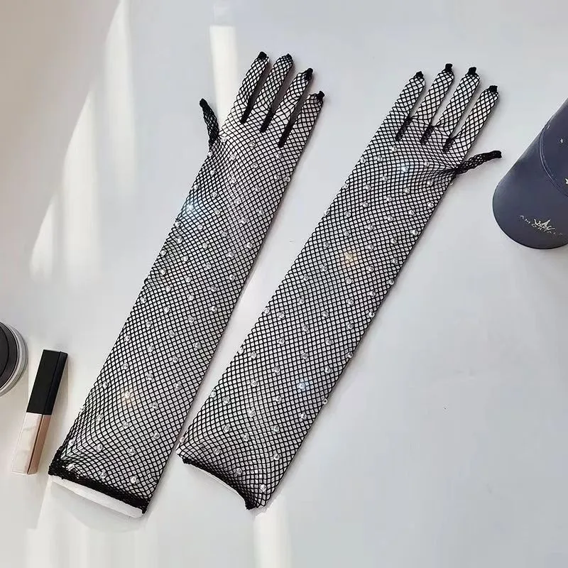 Rhinestone Long Fishnet Sexy Hand Gloves Women Stretchy Shiny Dia Black Lace Gloves Club Full Finger Ultra-Thin Mesh Mittens smile