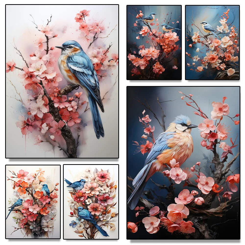 Bird Peach Blue Cute Blossom Flowers 3D Art Canvas Printed Wall Mural Posters Animal Ideal Living Room Modern Home Decor Cuadros smile