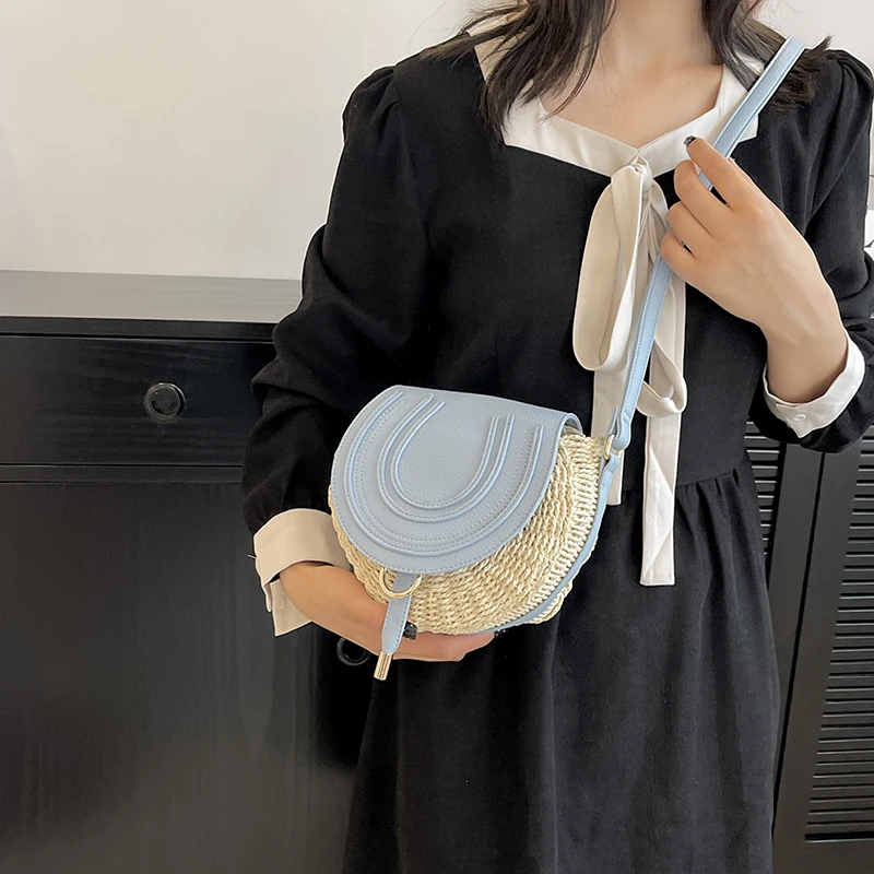 LEFTSIDE Small Straw Saddle Bags for Women 2023 Summer Crossbody Bags Lady Travel Purses and Handbags Female Shoulder Bag