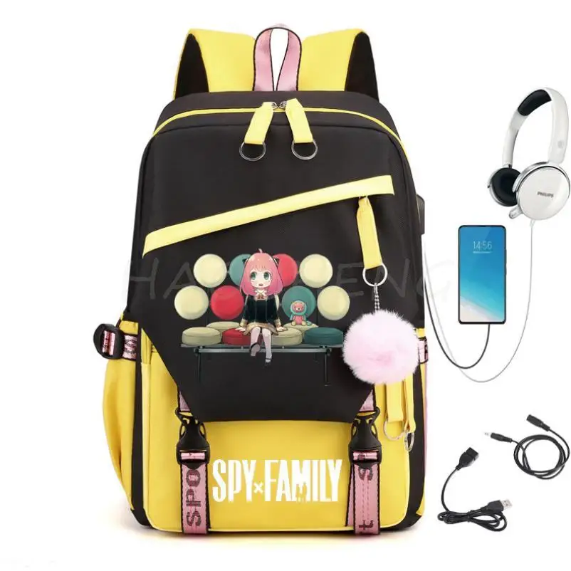 Backpack Family SPY X USB Charge ddmysmile Pink Travel Canvas Student Backpack Anya Forger Schoolbags For Teens Boys&Girls Mochilas Smile