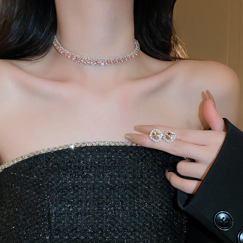 Crystal Necklace FYUAN Earrings Set Pink ABcolourful Necklace for Women Weddings Party Jewelry Sets Accessories smile