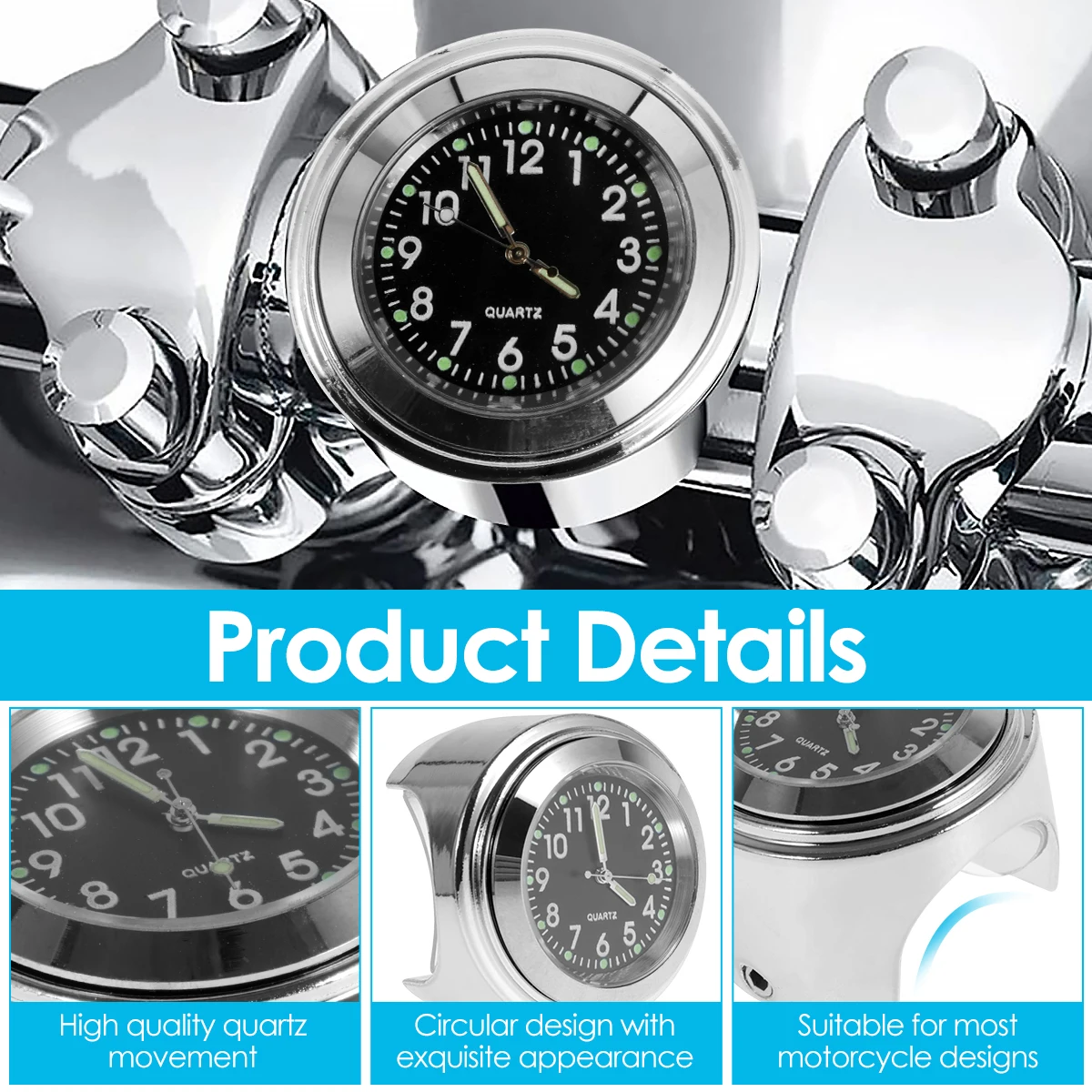 Motorcycle Handlebar Watch Waterproof Chrome Bike Handlebar Mount Quartz Clock Watch Aluminum Luminous Clock Moto Accessories