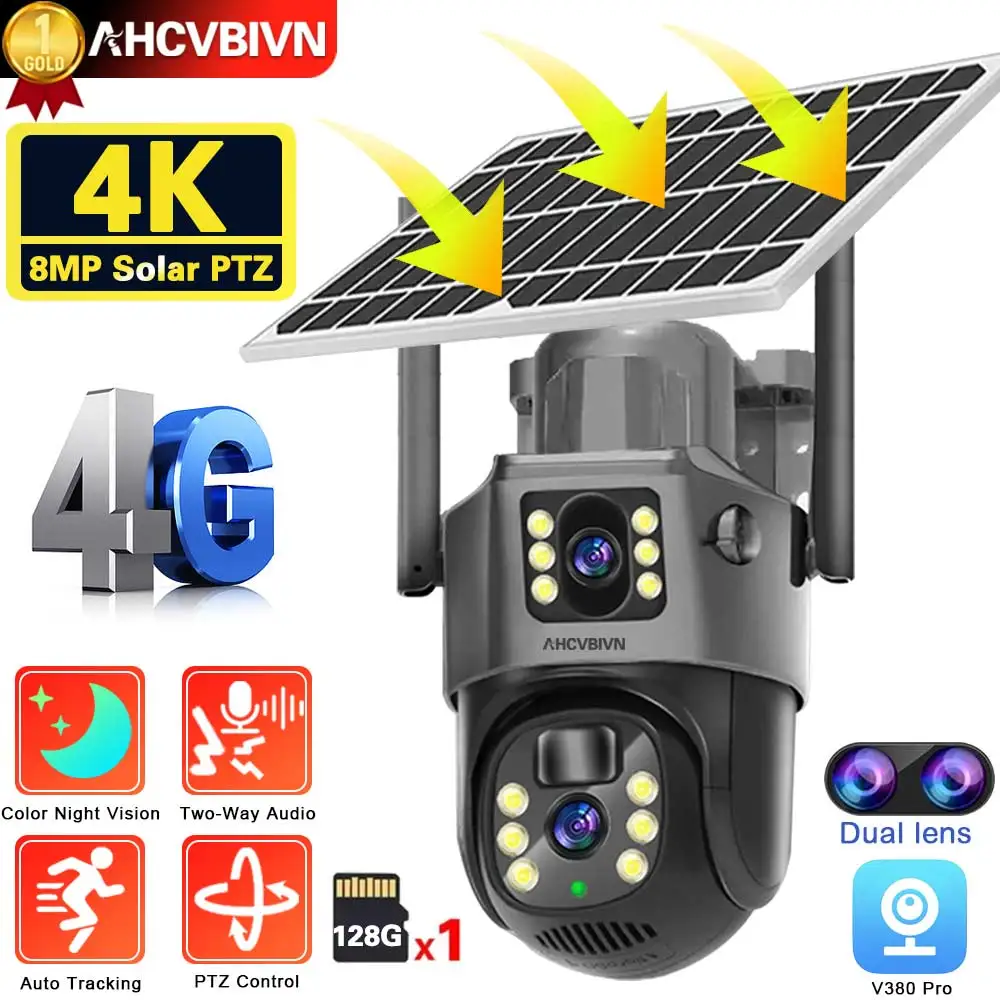 V380 Pro 4K 8MP 4G Dual Lens PTZ Solar Camera Black Dual Screens PIR Human Tracking Outdoor Security CCTV Surveillance IP Camera