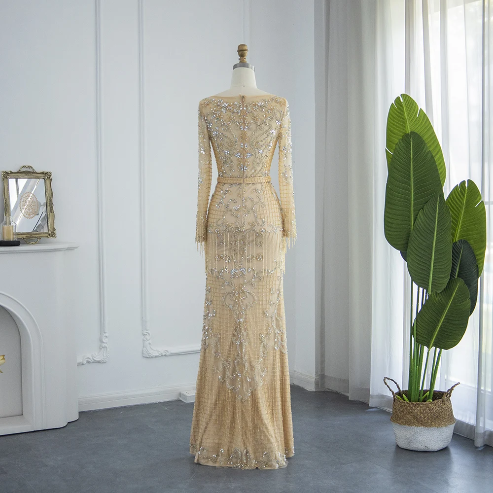 Sharon Said Beading Tassel Dubai Evening Dresses For Women Long Sleeve Muslim Formal Gowns Party Prom Dress Lz0304