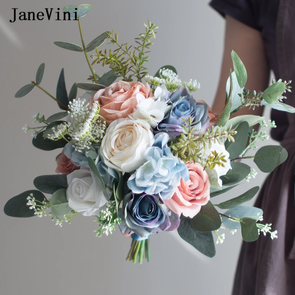 Wedding Janevini 2023 Romantic Bouquet Accessories For Bride Pink Blue Artificial Hand Holding Flowers ddmysmile Bouquets Ramo Para Novia Smile