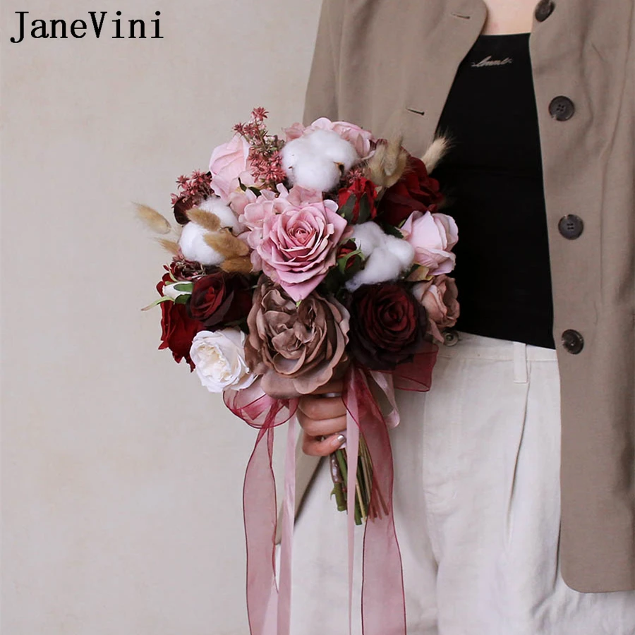 Wine Janevini Red Vintage Wedding Bouquet Artificielle Mariage Artificial Bury ddmysmile Pink Rose Bride Flowers Bridal Bouquet 2023 Smile