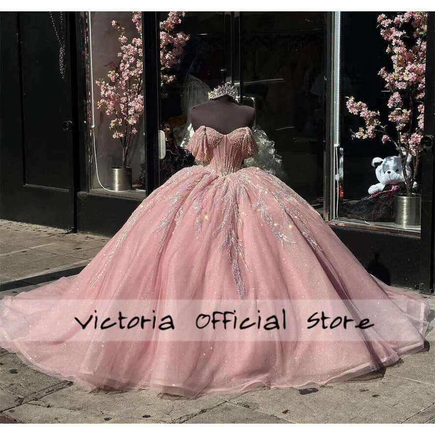 Pink Blush Beaded Quinceanera Dresses Puffy Ball Gown Off Shoulder Birthday Lace Up Sweet Dress Vestido De