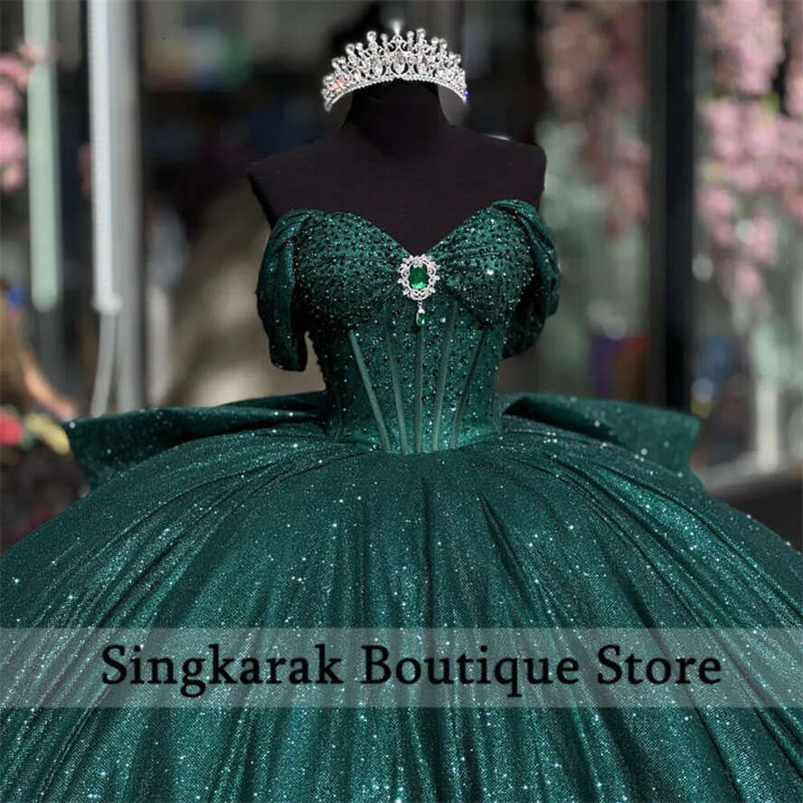 Emerald Princess Green Off Shoulder Ball Gown Quinceanera Dresses Glitter Beads Rhies Birthday Party Sweet Dress