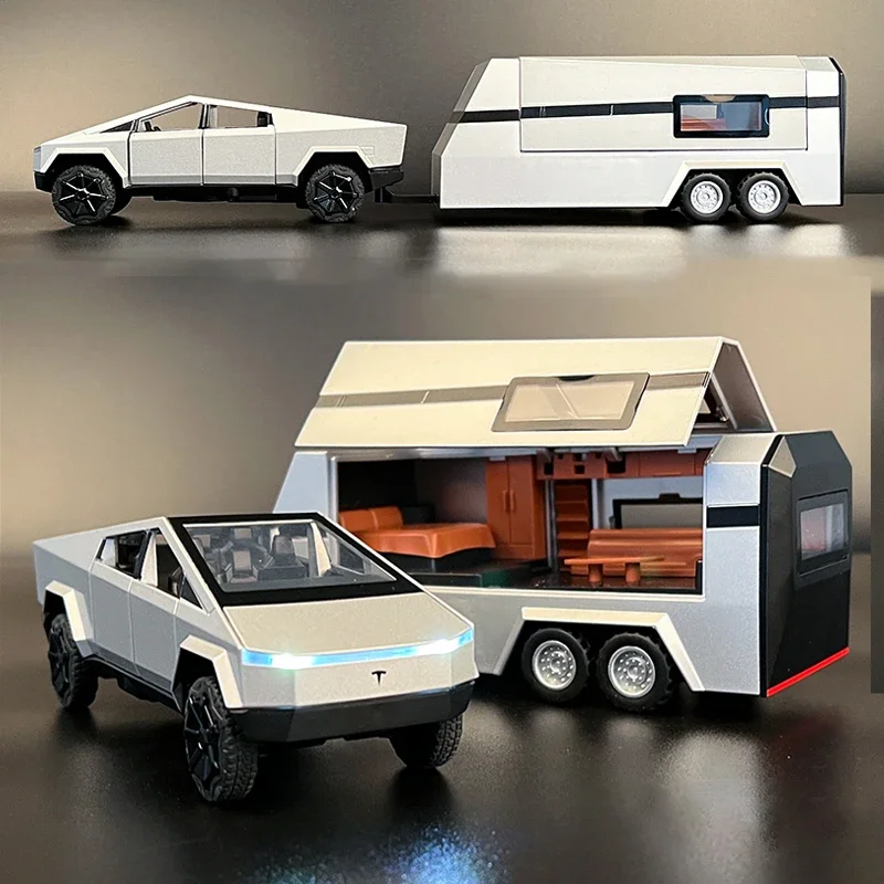 1/32 For Tesla Cybertruck Pickup Trailer Alloy Car Model Diecasts Metal Toy Off-road Vehicles Truck Model Sound and Light Gifts
