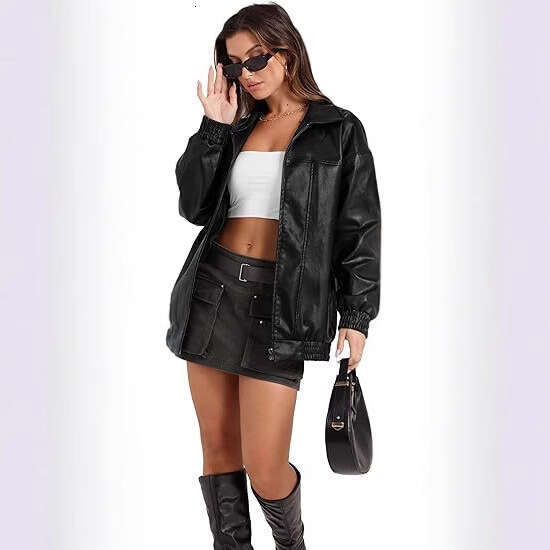 shanshi leather jacket women Leather Jacket Women's Artificial Oversized Motorcycle Pilot Coat for Autumn