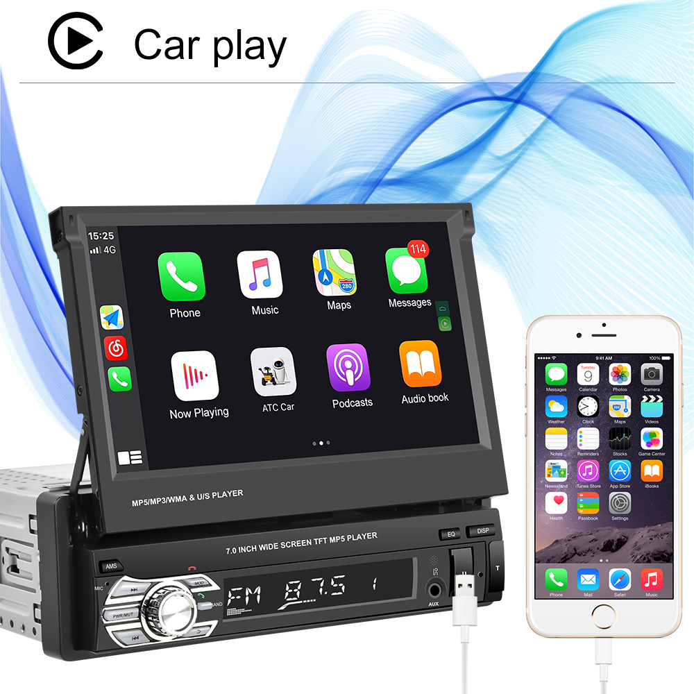 Podofo CarPlay Android Auto 1din Car Radio new Universally 7" 2025 Retractable Multimedia MP5 Player 1 DIN Head Unit Stereo Receiver BT