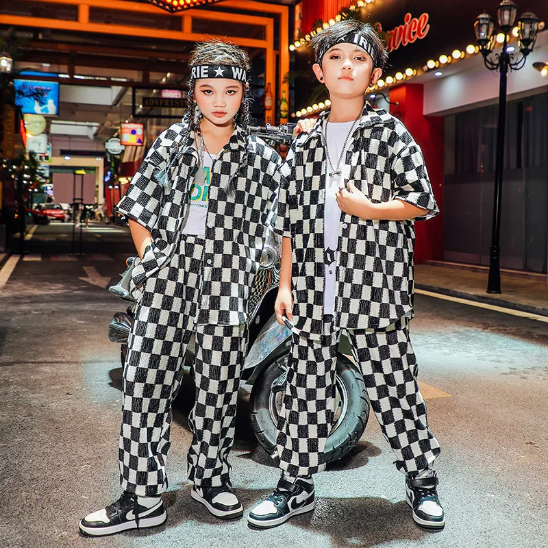 Clothing Hop Kid Hip Black Checkered Shirt Short Sleeve Top ddmysmile Streetwear Baggy Jogger Pants For Girl Boy Dance Costume Clothes Set Smile