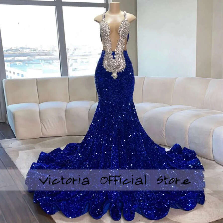 Blue Pretty Spaghetti Black Girl Prom Dress For Special Crystal Gillter Mermaid Birthday Reception Gown Robe De Bal