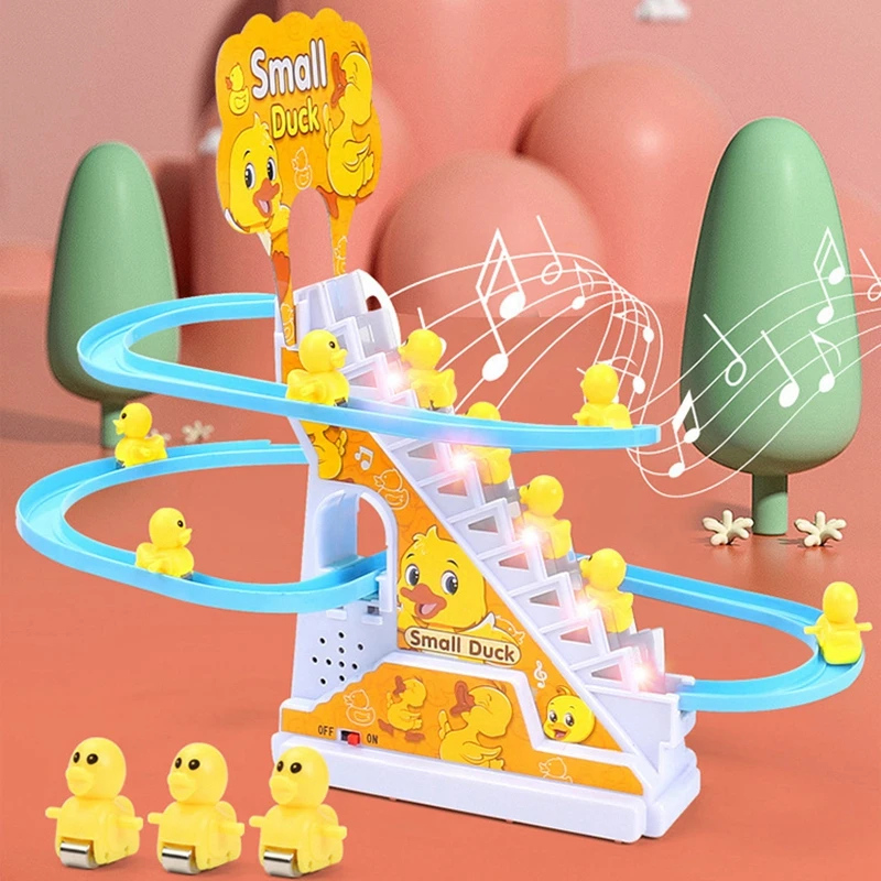 DIY 2025 Rail Racing Track Electric Duck Climbing Stairs Toy Pig Penguins Music Electric Roller new Coaster Toy For Kid Children Gift