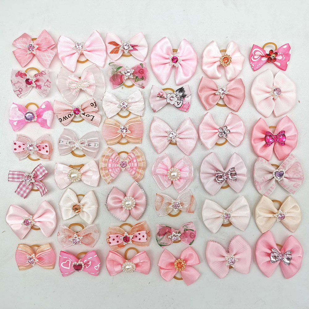 100pcs/Lot Valentine's Day Rubber Bands Pet Grooming Bows Pink Rose Red For Girls Dog Hair Accessories
